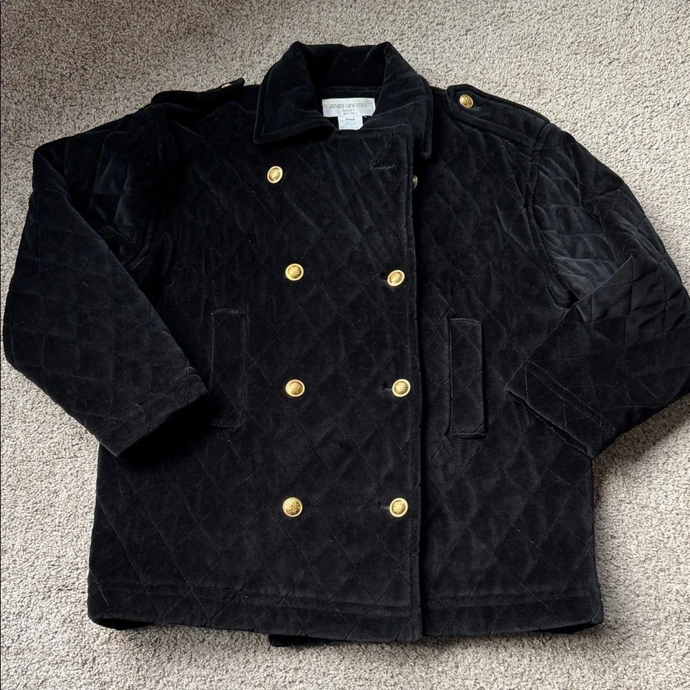 Jones New York Black Velvet Quilted Pea Coat with Gold Buttons Size PL‎